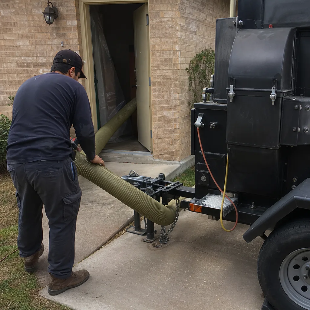 Technician using professional vacuum equipment for air duct cleaning service