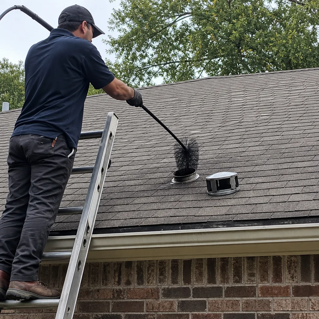 Professional technician performing residential dryer vent cleaning from a roof ladder