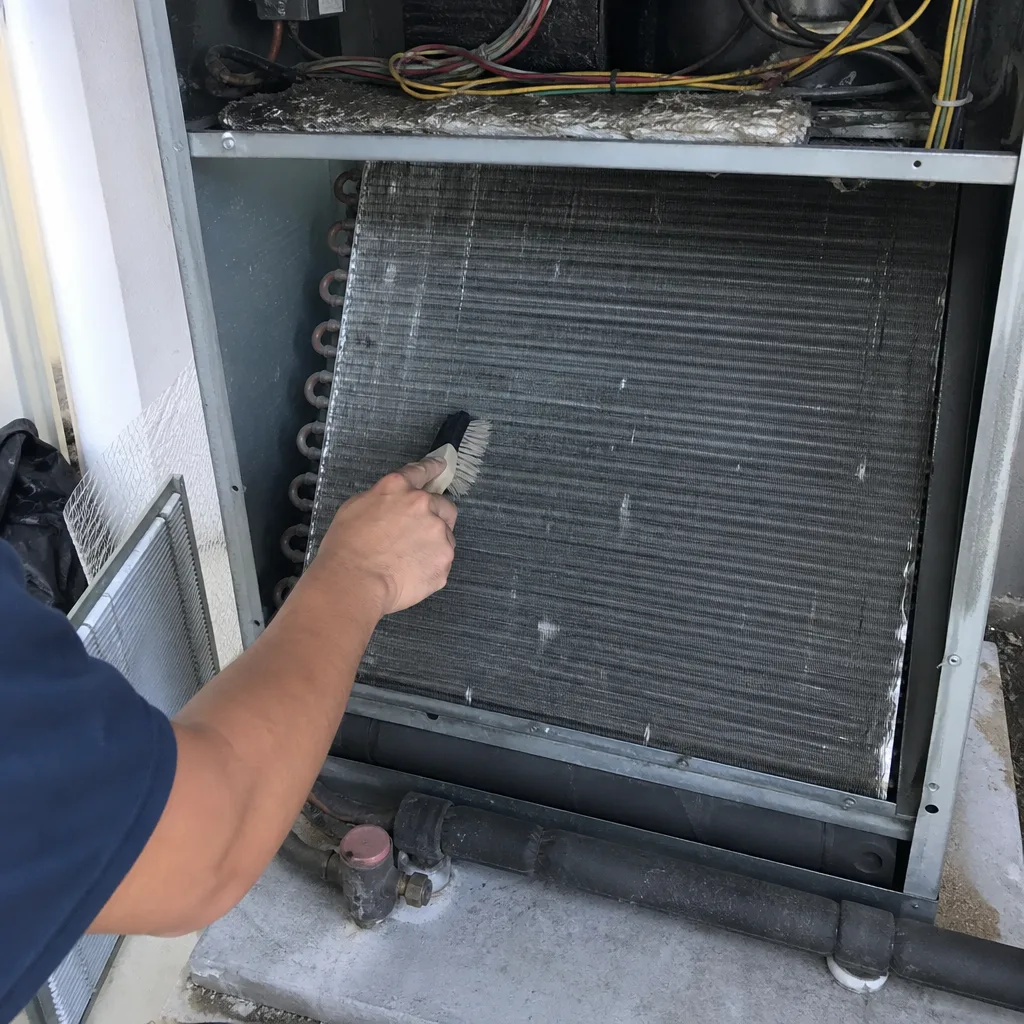 HVAC technician cleaning evaporator coils with a brush for system maintenance