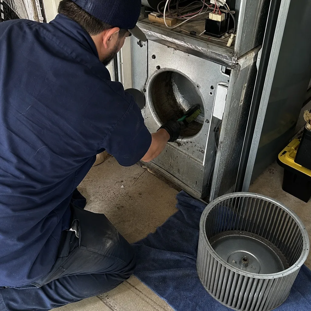 HVAC technician performing professional furnace blower assembly cleaning and maintenance