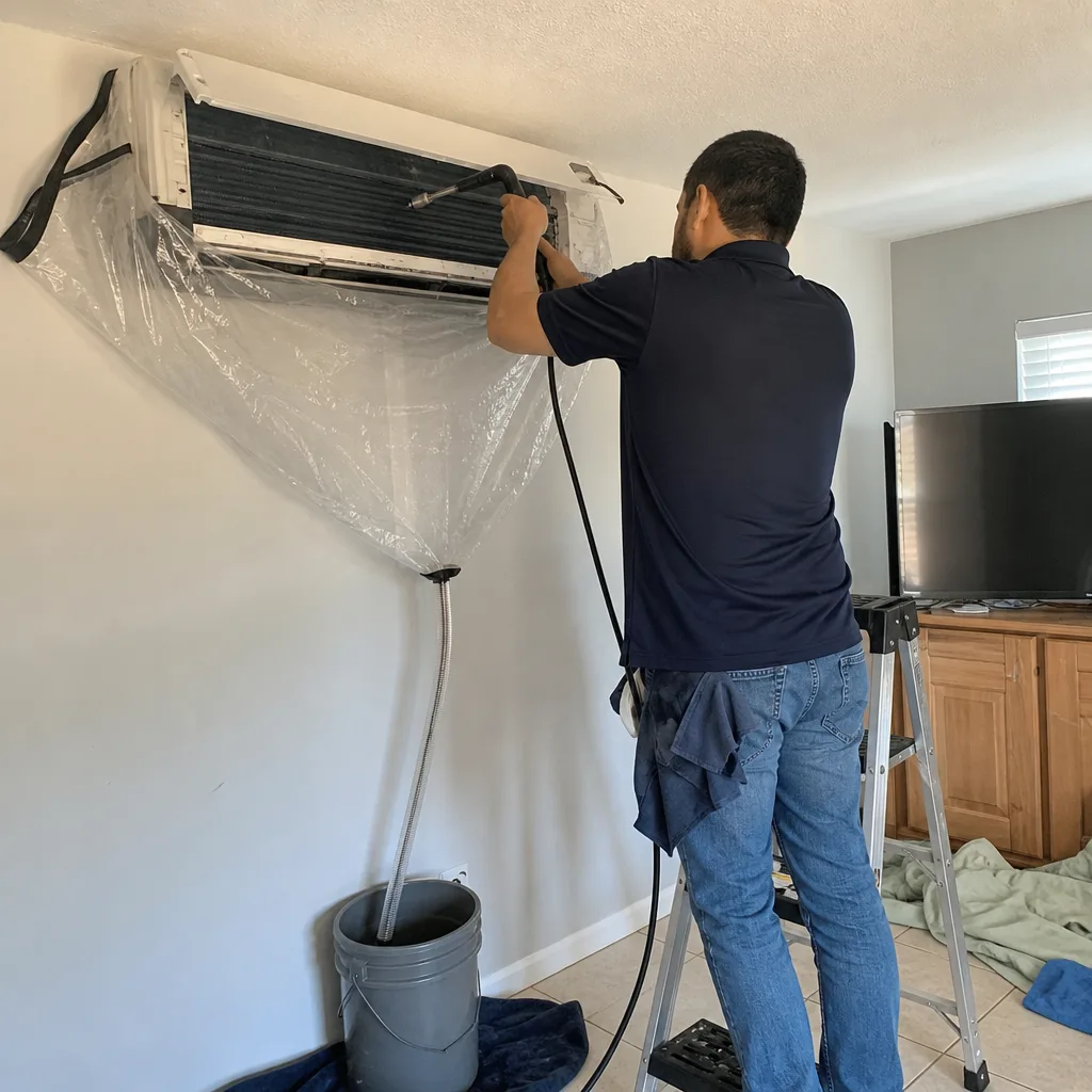 Technician performing professional HVAC system maintenance and deep cleaning service